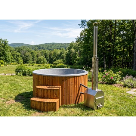 Fiberglass hot tub with external heater